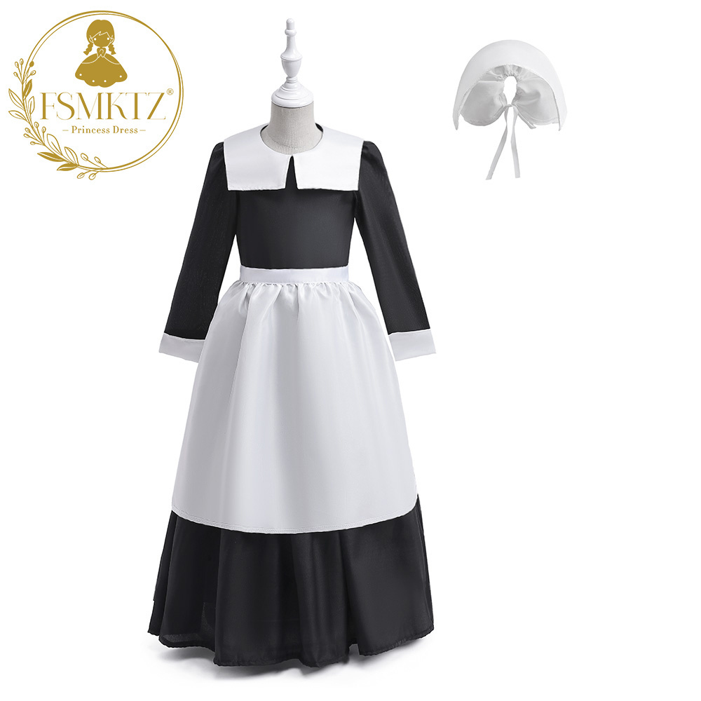 Stylish Girls' Adams Family Wednesday Waitress Dress Set with Free Hat Perfect Cosplay Costume for Theme Parties