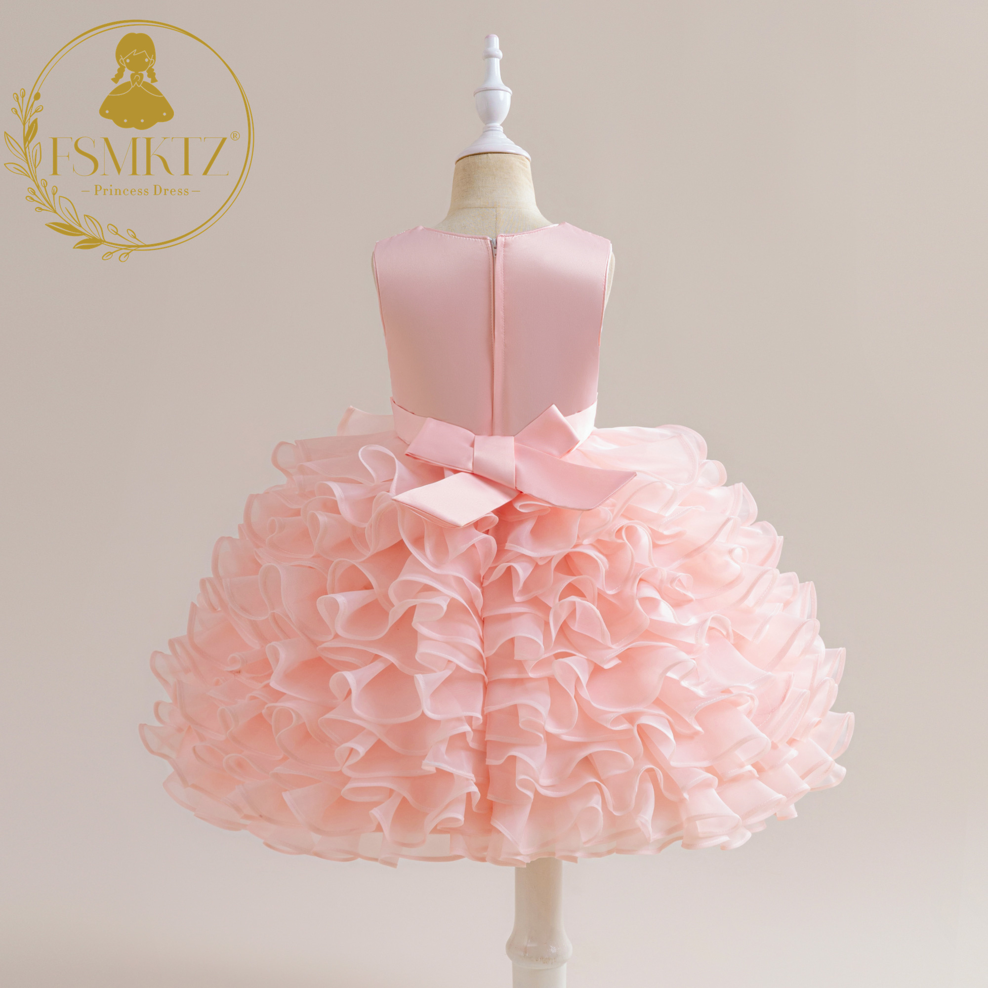 FSMKTZ New Design Puffy Peach Girls Princess Dress for Kids Flower Girls Dress Fancy Birthday Party Frock for Girls