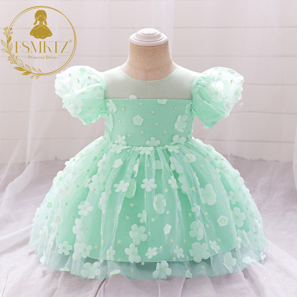 FSMKTZ Summer Flower Dress for Baby Girls Green Floral Formal Party Dress Embroidery Kids Birthday Mini Dress