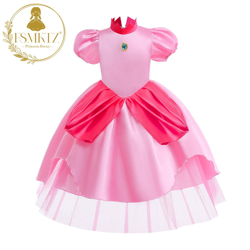 FSMKTZ Princess Peach Costume for Girls pinkie pie Pink Dress Halloween costume Kids cosplay outfit