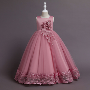 Applique Floor Length Satin dress for kids children 10 years girls dress princess party gowns for girls