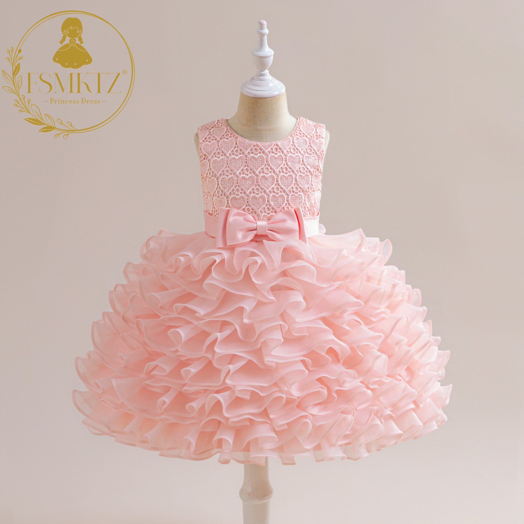 FSMKTZ New Design Puffy Peach Girls Princess Dress for Kids Flower Girls Dress Fancy Birthday Party Frock for Girls