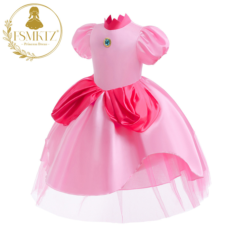 FSMKTZ Princess Peach Costume for Girls pinkie pie Pink Dress Halloween costume Kids cosplay outfit