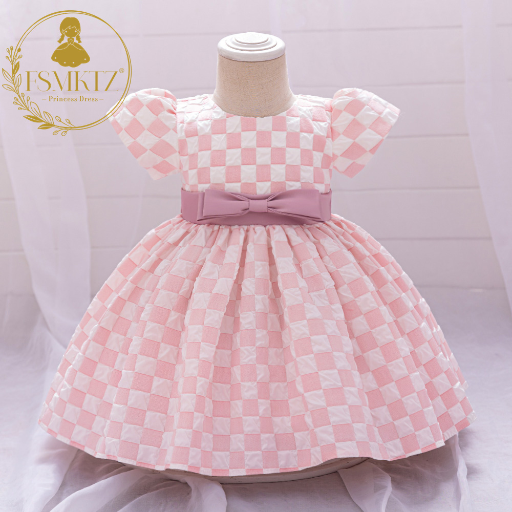 FSMKTZ Lovely Design Plaid Printing Dress for Baby Girls Pink Kids Birthday Flower Girls Dress New Model Carnival Party Clothing