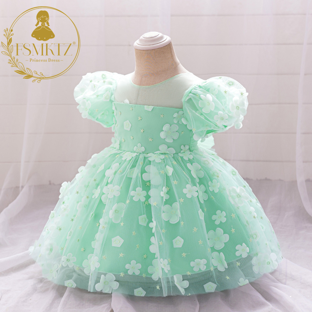 FSMKTZ Summer Flower Dress for Baby Girls Green Floral Formal Party Dress Embroidery Kids Birthday Mini Dress