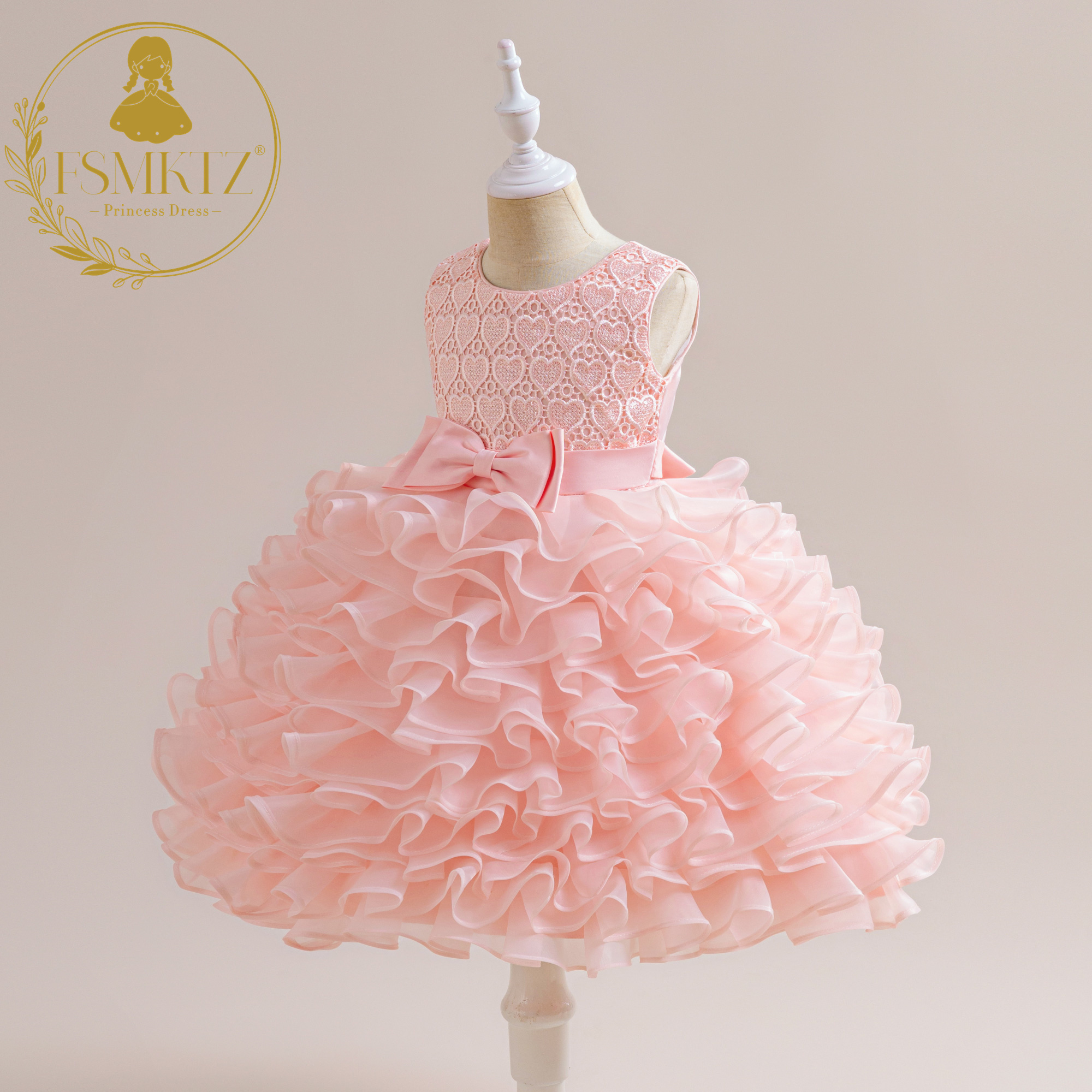 FSMKTZ New Design Puffy Peach Girls Princess Dress for Kids Flower Girls Dress Fancy Birthday Party Frock for Girls