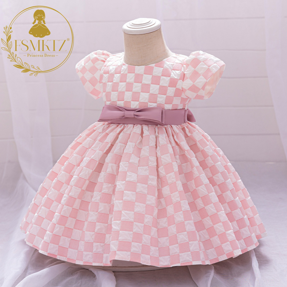 FSMKTZ Lovely Design Plaid Printing Dress for Baby Girls Pink Kids Birthday Flower Girls Dress New Model Carnival Party Clothing