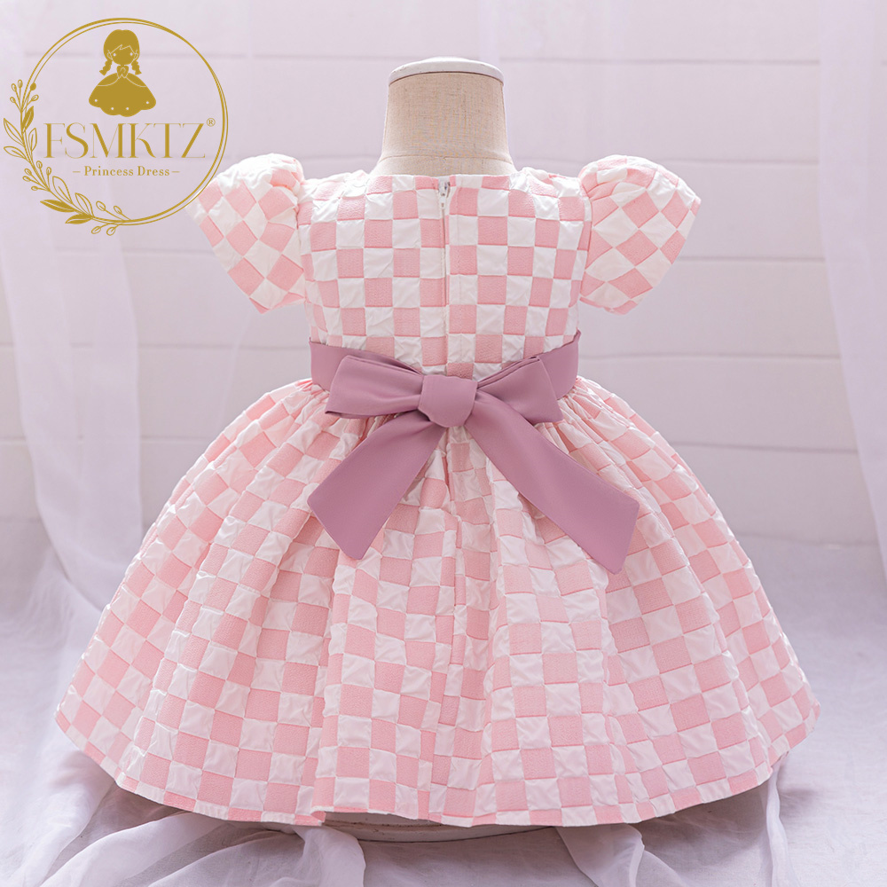 FSMKTZ Lovely Design Plaid Printing Dress for Baby Girls Pink Kids Birthday Flower Girls Dress New Model Carnival Party Clothing