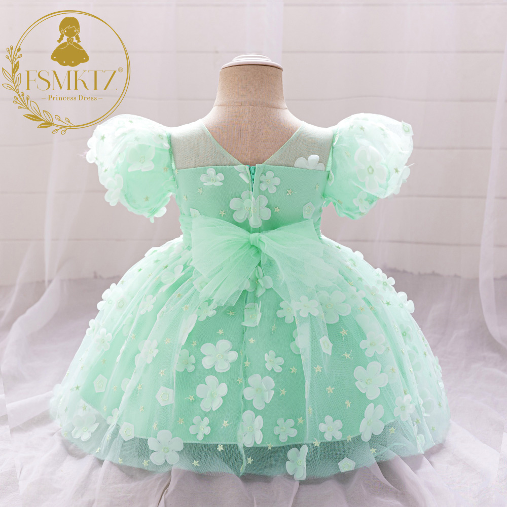 FSMKTZ Summer Flower Dress for Baby Girls Green Floral Formal Party Dress Embroidery Kids Birthday Mini Dress