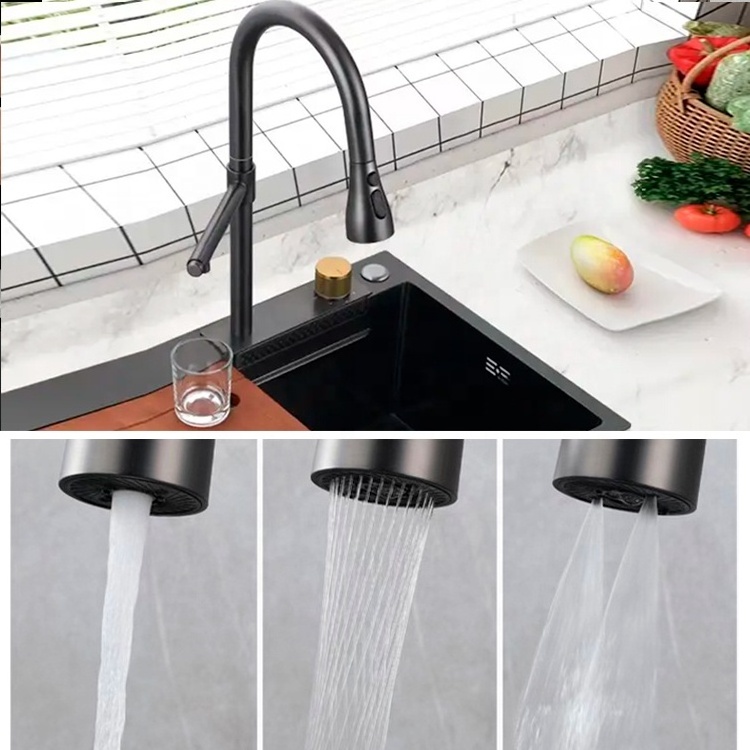 New Black Gun-Metal Nano Handmade Rain Dance Sink Anti-Scratch Undermount Waterfall Faucet