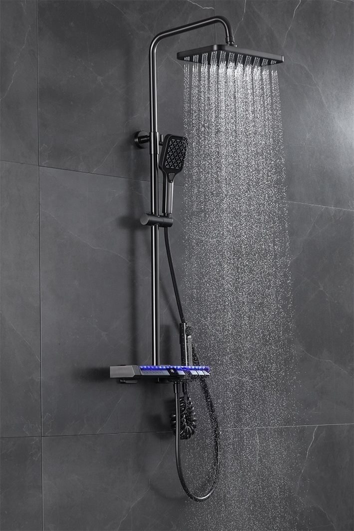 Modern Gun Grey 5 Functions Piano Key Control  Smart Digital Display Led Light Thermostatic Brass Bath Shower Faucets