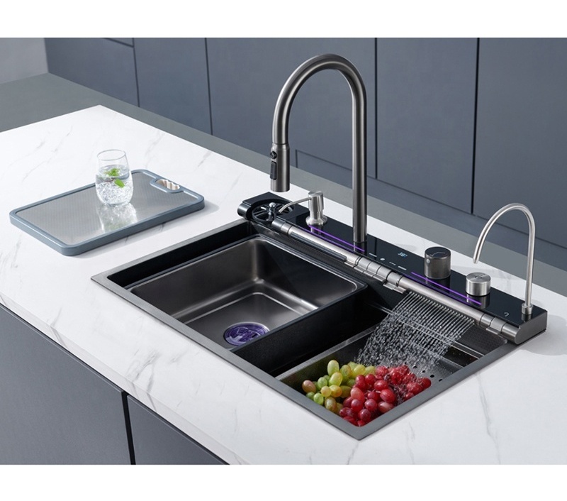 Motai  Digital Display brass Pull Out Waterfall Faucet Nano Black Multifunctional Kitchen Sink With Digital Display and light