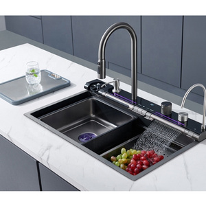 Motai  Digital Display brass Pull Out Waterfall Faucet Nano Black Multifunctional Kitchen Sink With Digital Display and light