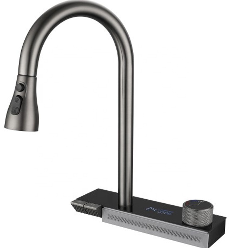 Motai Kitchen Faucets Commercial Brass two piano key with Pull Down Sprayer waterfall Kitchen Sink Faucet with digital display