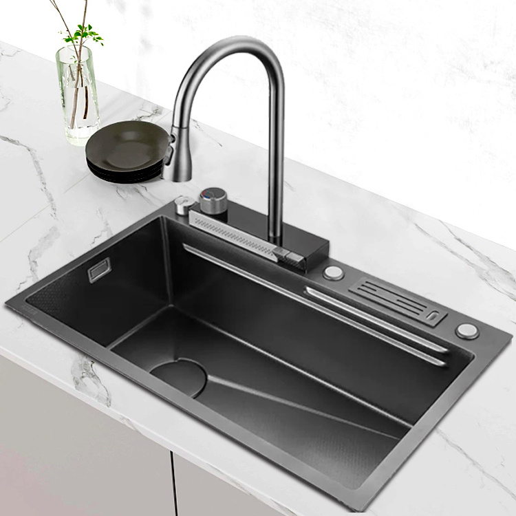 Motai Kitchen Faucets Commercial Brass two piano key with Pull Down Sprayer waterfall Kitchen Sink Faucet with digital display