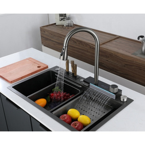 Motai Kitchen Faucets Commercial Brass two piano key with Pull Down Sprayer waterfall Kitchen Sink Faucet with digital display