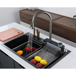 Motai pull out pull down sprayer kitchen faucet for sink digital display and light waterfall faucet for sink with piano key