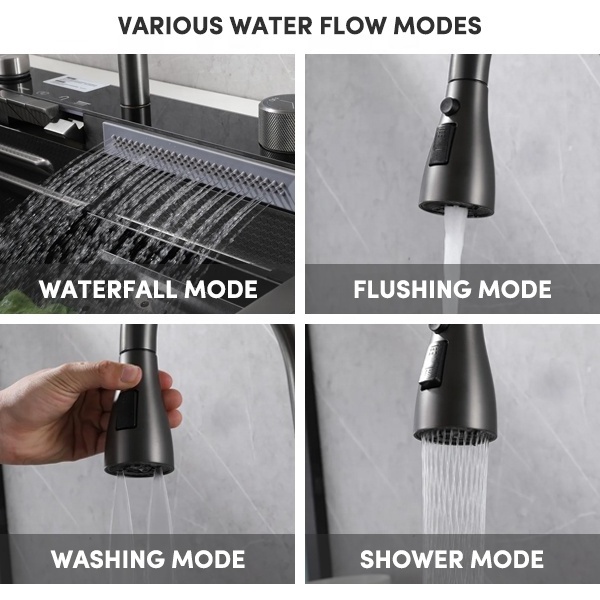 2024 New Products Black LED Lights Waterfall fregadero acero inoxidable Smart Kitchen Sink with Mobile Phone Holders Spray Gun