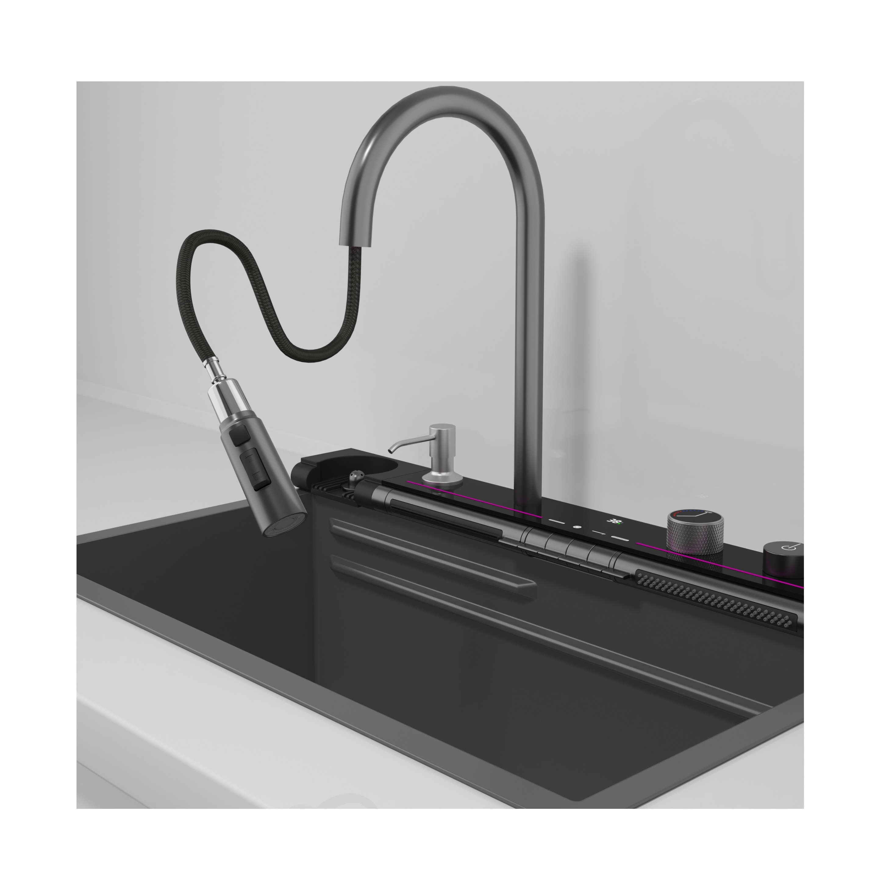 Mouhoti New Products PVD Black Handmade fregaderos de cocina One Set Smart LED Light Piano Button Digital Waterfall Kitchen Sink