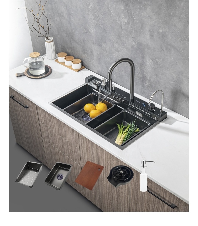 Motai digital workstation kitchen sink piano digital display luxury waterfall faucet kitchen sink with digital display and light