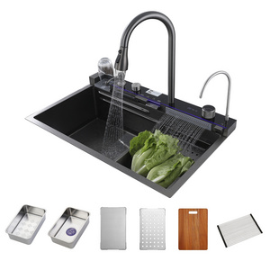 Multifunction Black fregadero acero inoxidable One Set Stainless Steel Kitchen Sink Waterfall Kitchen Faucet Digital Display