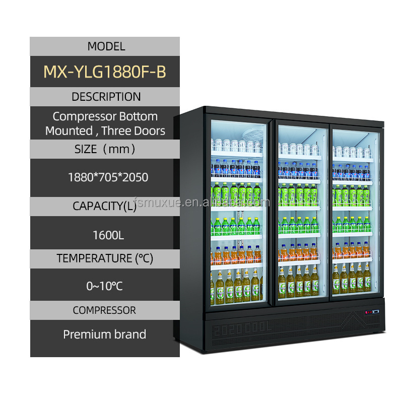 MUXUE Three Glass Doors Display Refrigerator Commercial refrigerator pepsi refrigerator -Black MX-YLG1880F-B