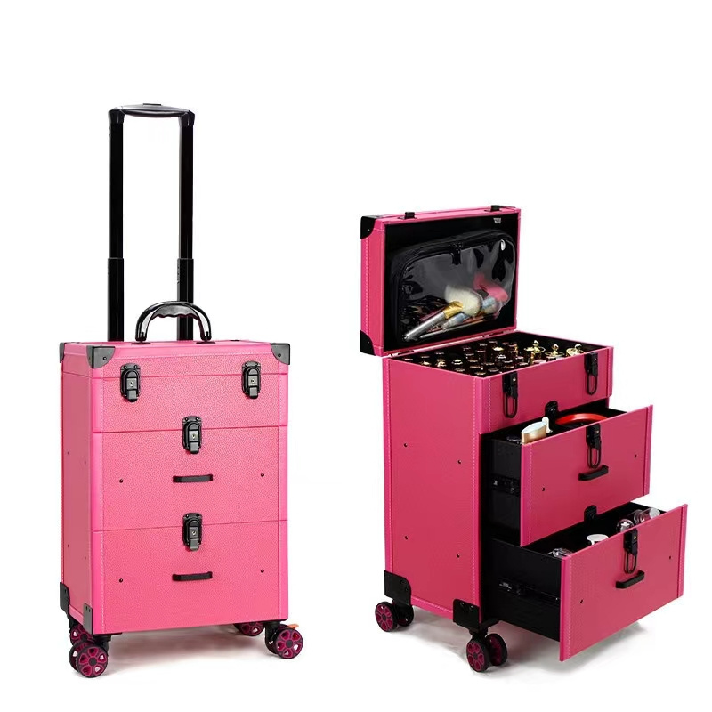 Large-capacity Rolling Makeup Case with One Organizer for Nail Polish and Three Drawers for Cosmetics