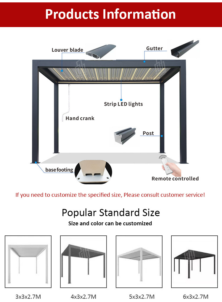 Outdoor pavilion Terrace roof motorized louvered bioclimatic system aluminum pergola patio canopy