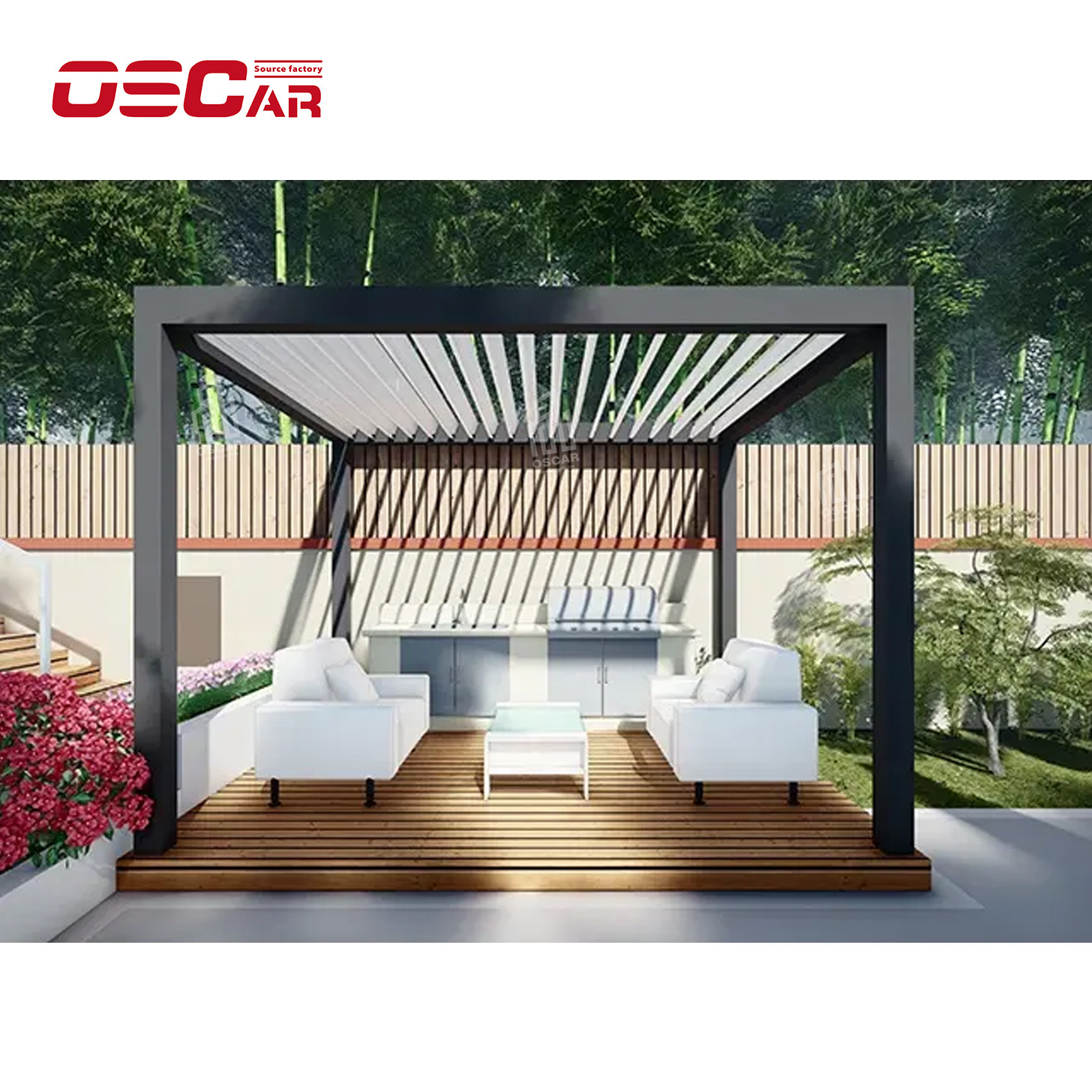 Modern Bioclimatic Pergola Gazebo with Blinds Glass Door Outdoor Waterproof Motorized Louvered Aluminum Pergola