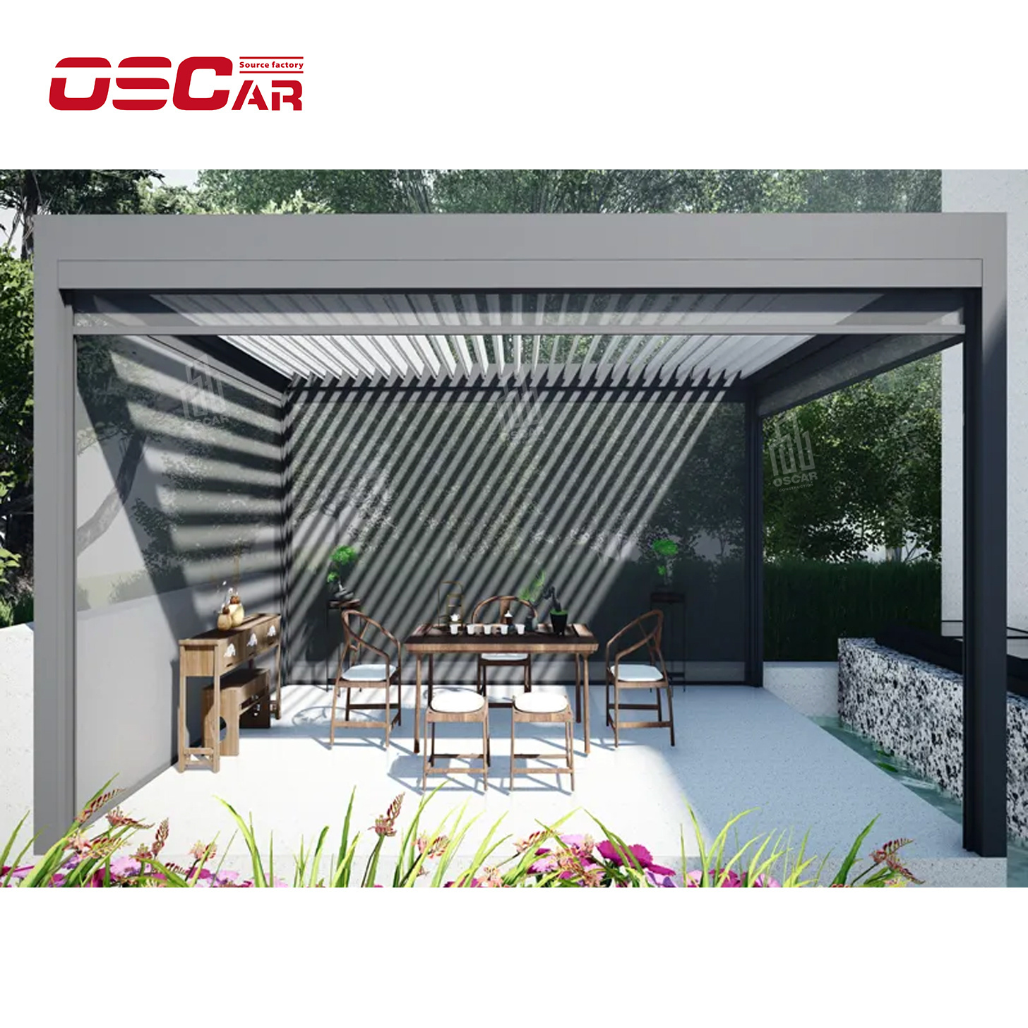 Modern Bioclimatic Pergola Gazebo with Blinds Glass Door Outdoor Waterproof Motorized Louvered Aluminum Pergola