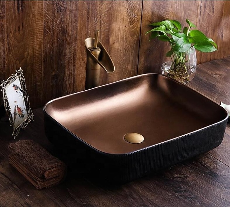 new model brass color popular Square design handmade Rose gold royal porcelain Antique sink basin