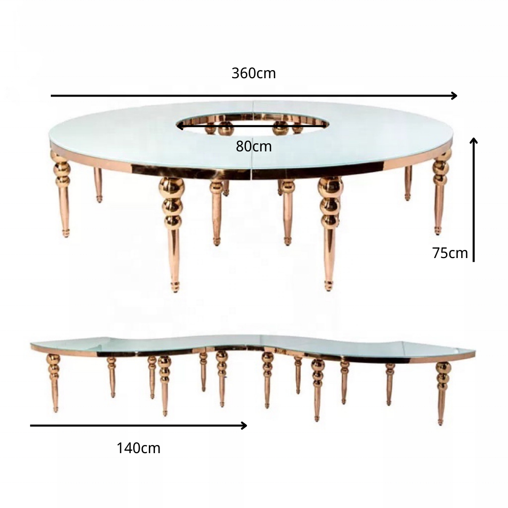 Popular Luxury Sector Glass Top Marble Serpentine Table Wedding Gold Stainless Steel Half Moon S Shape Party Tables