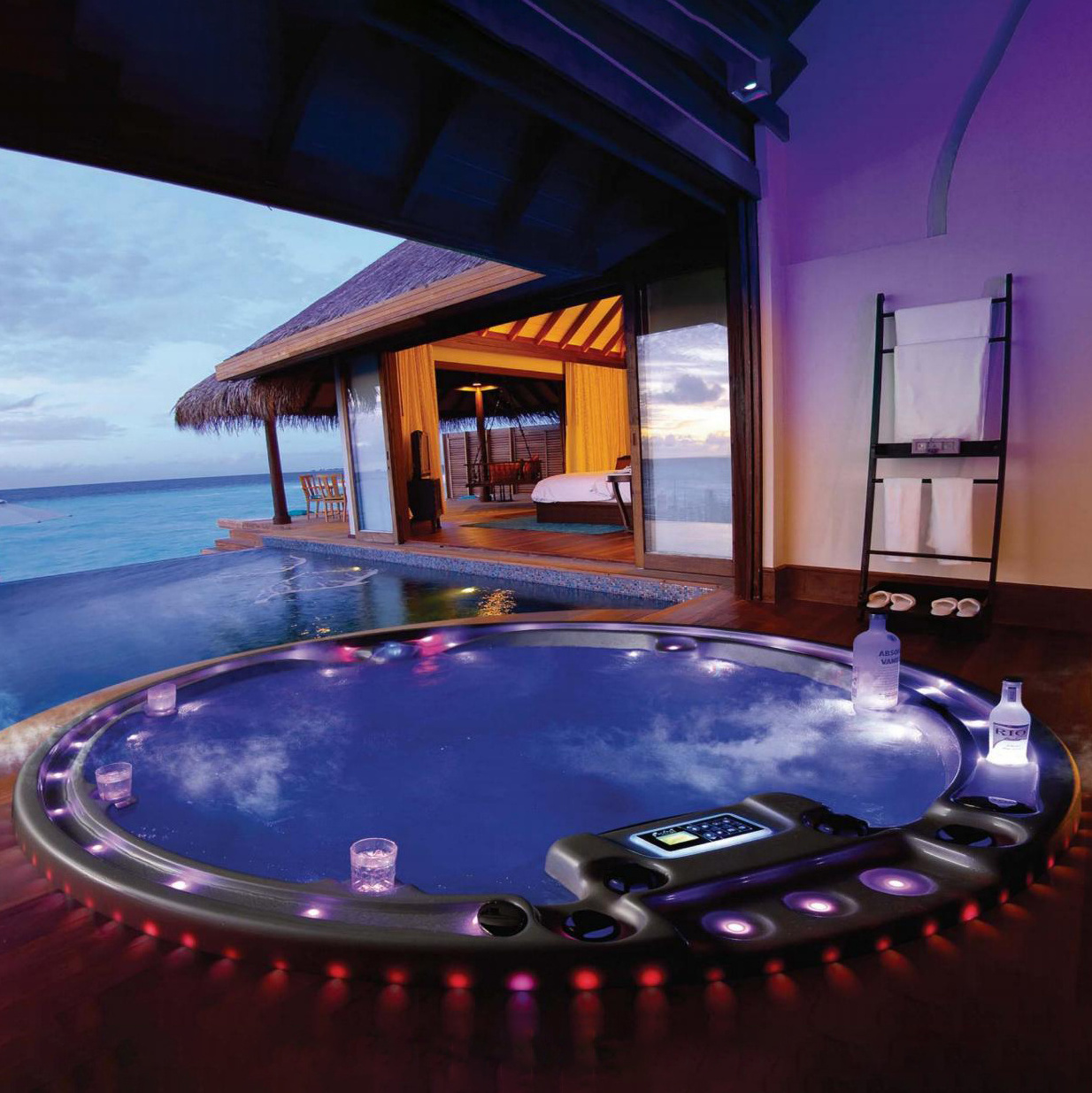 Deluxe hotel villa balcony 7 person underground built-in hydro massage hot tub outdoor spa tub