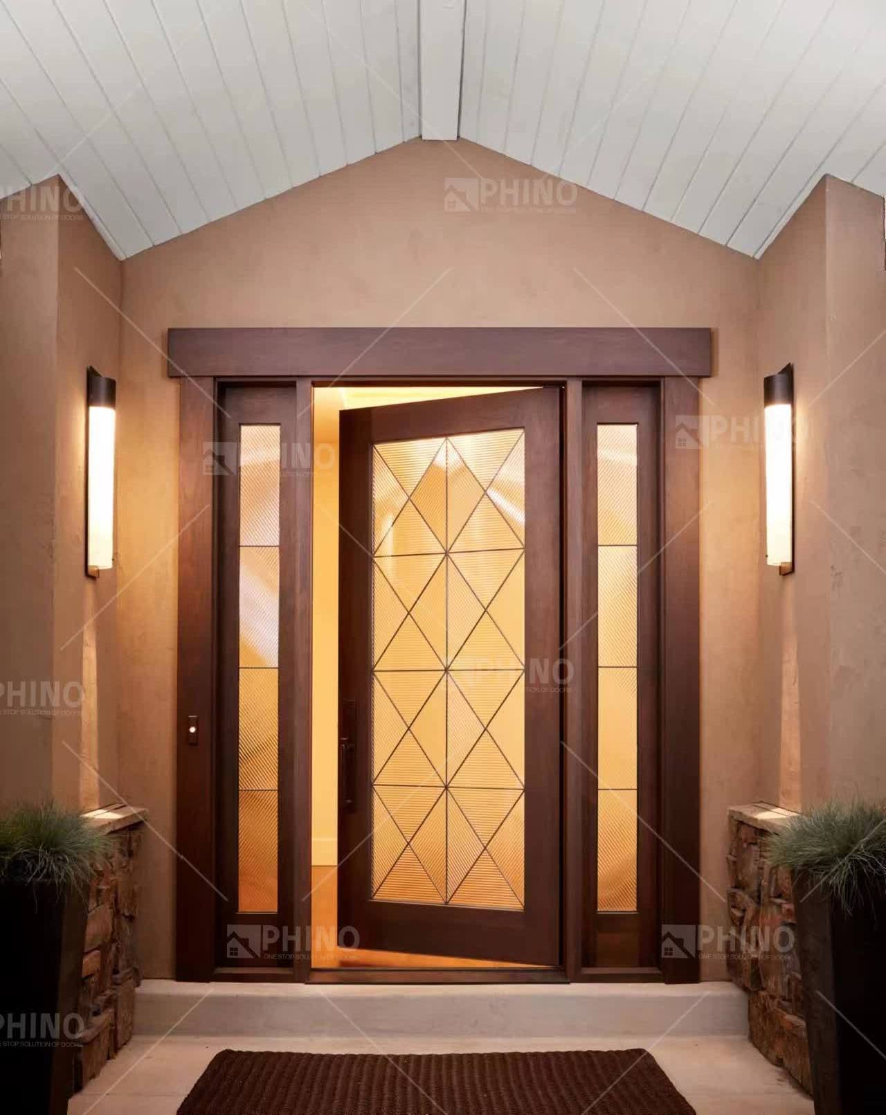 Waterproof Prehung Horizontal Exterior Villa Main Entrance Wooden Front Doors With Sidelight