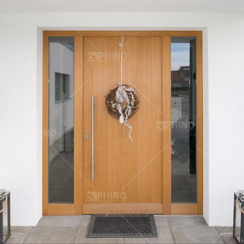 Waterproof Prehung Horizontal Exterior Villa Main Entrance Wooden Front Doors With Sidelight