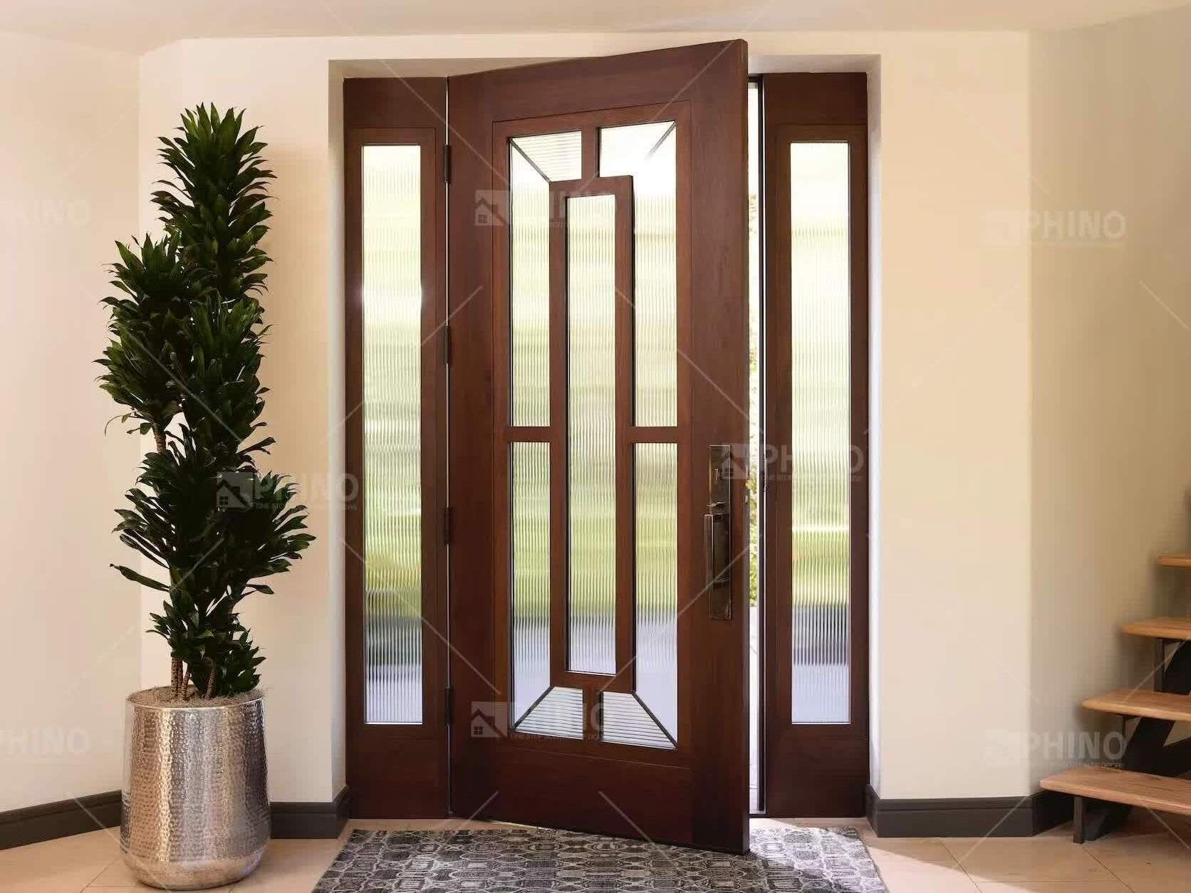 Waterproof Prehung Horizontal Exterior Villa Main Entrance Wooden Front Doors With Sidelight