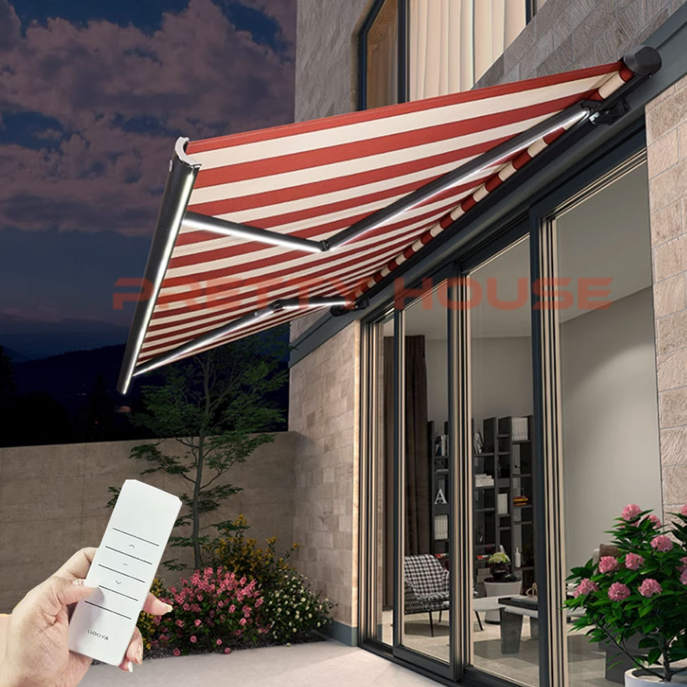 Aluminum retractable awning outdoor house shade back porch and garage awning with LED lighting