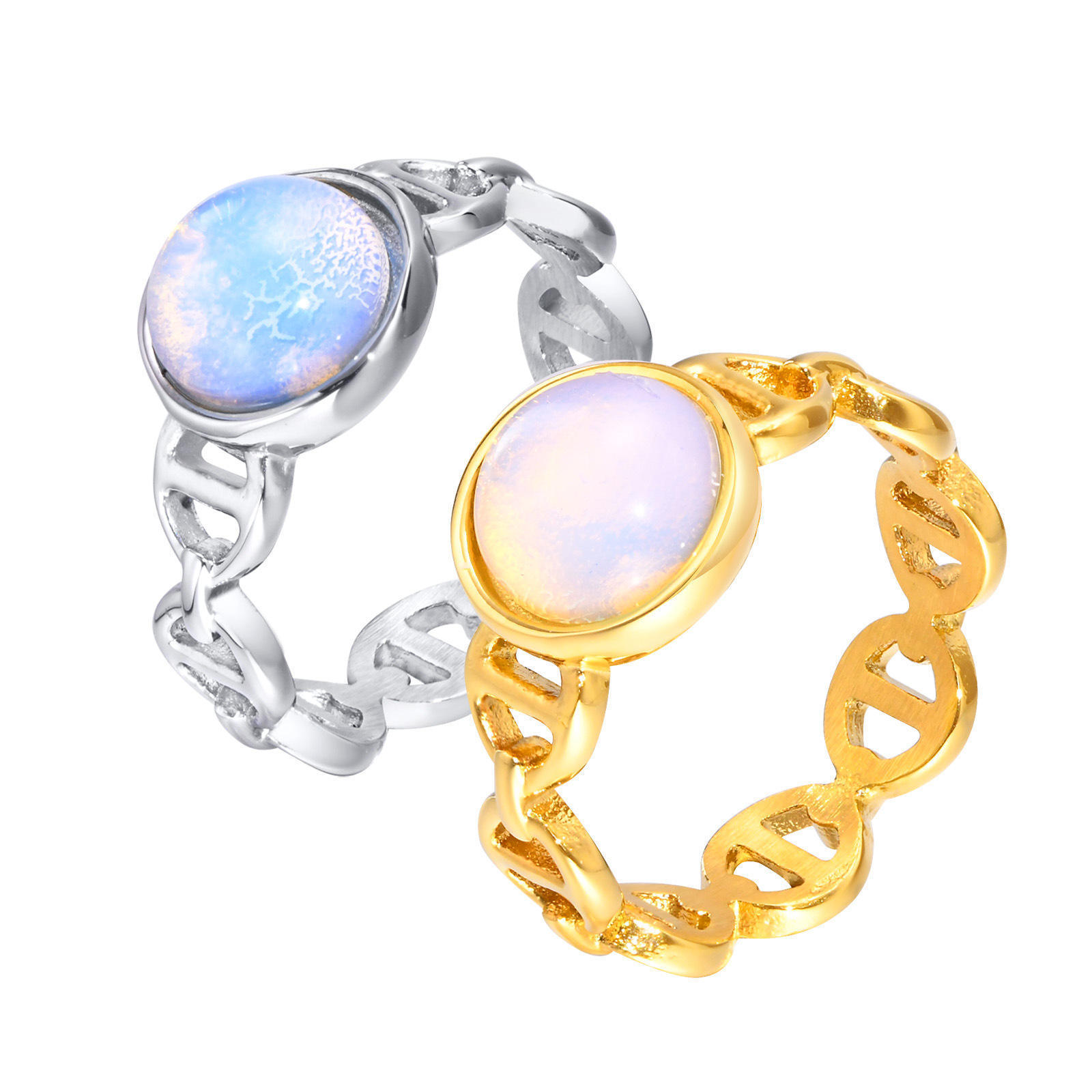 New Arrival 18k Gold Plated Stainless Steel Jewelry Gift Charm Pig Nose Chain Link Opal Rings for Women