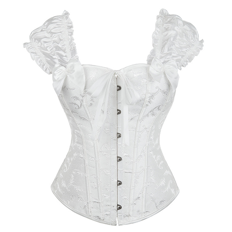 Women Sexy Puff Ruffle Sleeve Overbust Corset Steel Bone Off Shoulder Lingerie Jacquard Waist Bustier Top