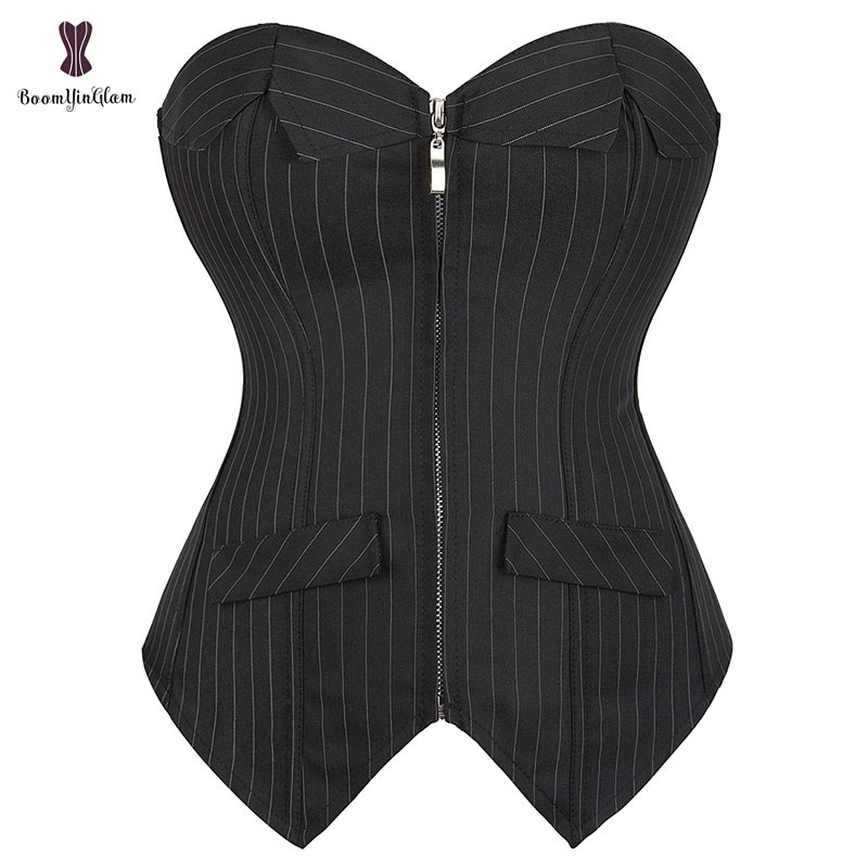 OL Skinny Bustier Crop Top Black And White Overbust Korsett Women's Front Zipper Pin Stripe Corset Dress With Rope