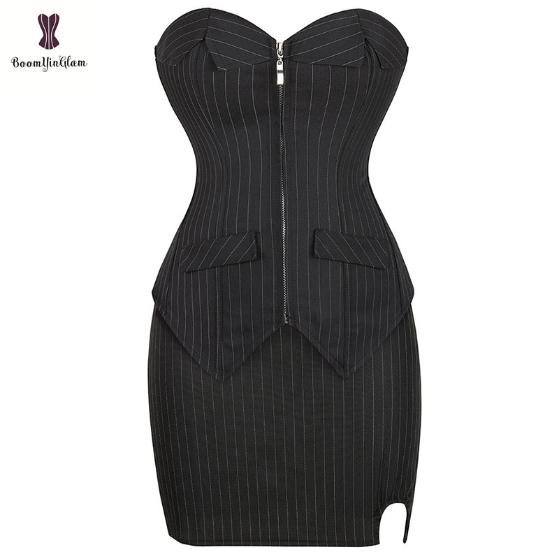 OL Skinny Bustier Crop Top Black And White Overbust Korsett Women's Front Zipper Pin Stripe Corset Dress With Rope