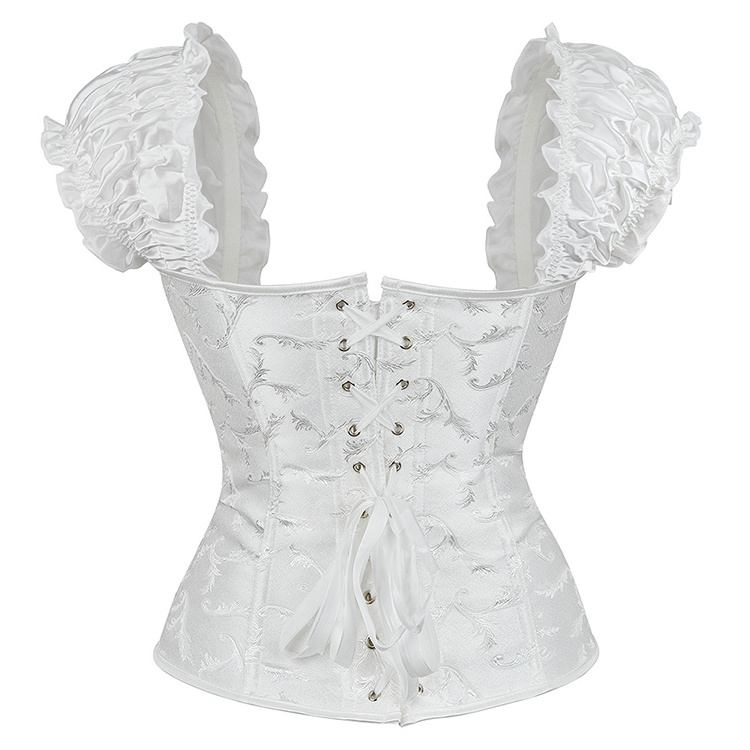 Women Sexy Puff Ruffle Sleeve Overbust Corset Steel Bone Off Shoulder Lingerie Jacquard Waist Bustier Top