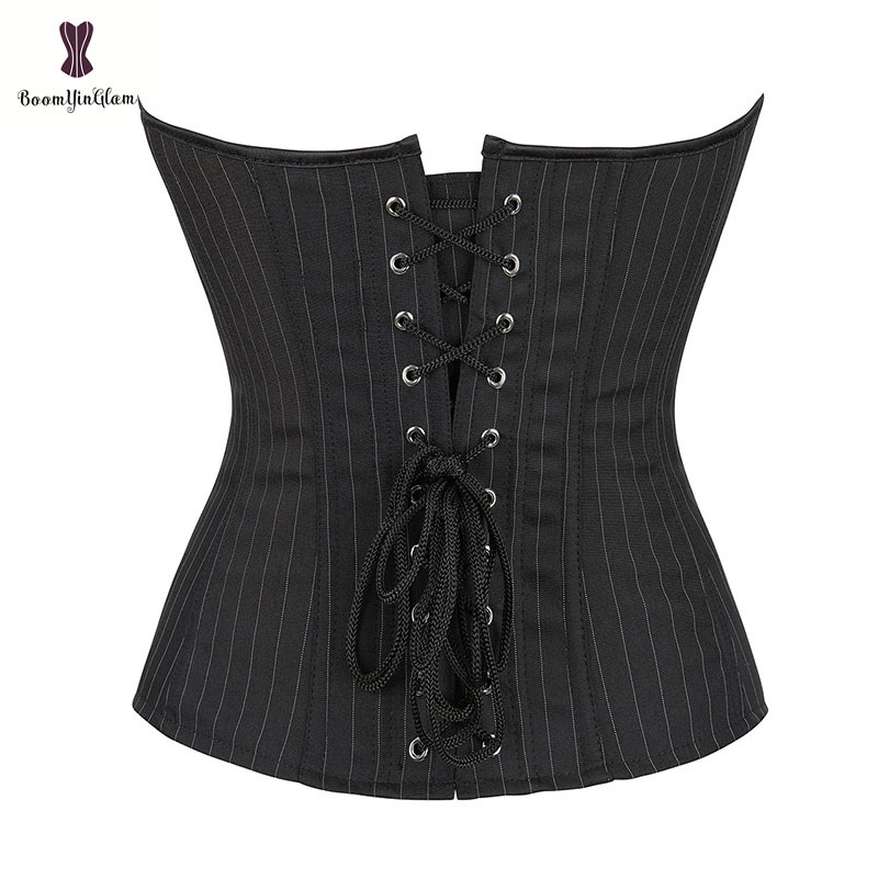 OL Skinny Bustier Crop Top Black And White Overbust Korsett Women's Front Zipper Pin Stripe Corset Dress With Rope