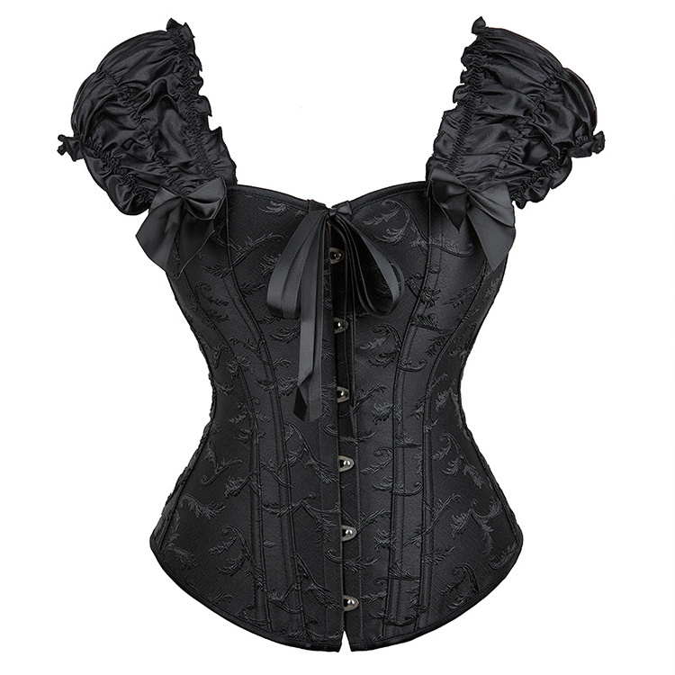 Women Sexy Puff Ruffle Sleeve Overbust Corset Steel Bone Off Shoulder Lingerie Jacquard Waist Bustier Top