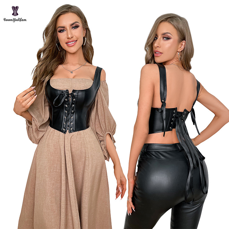 Shoulder Strap Summer Fashion Corsets And Bustiers Fitness Vest Tank Tops Women Faux Leather Corset Crop Top With T String