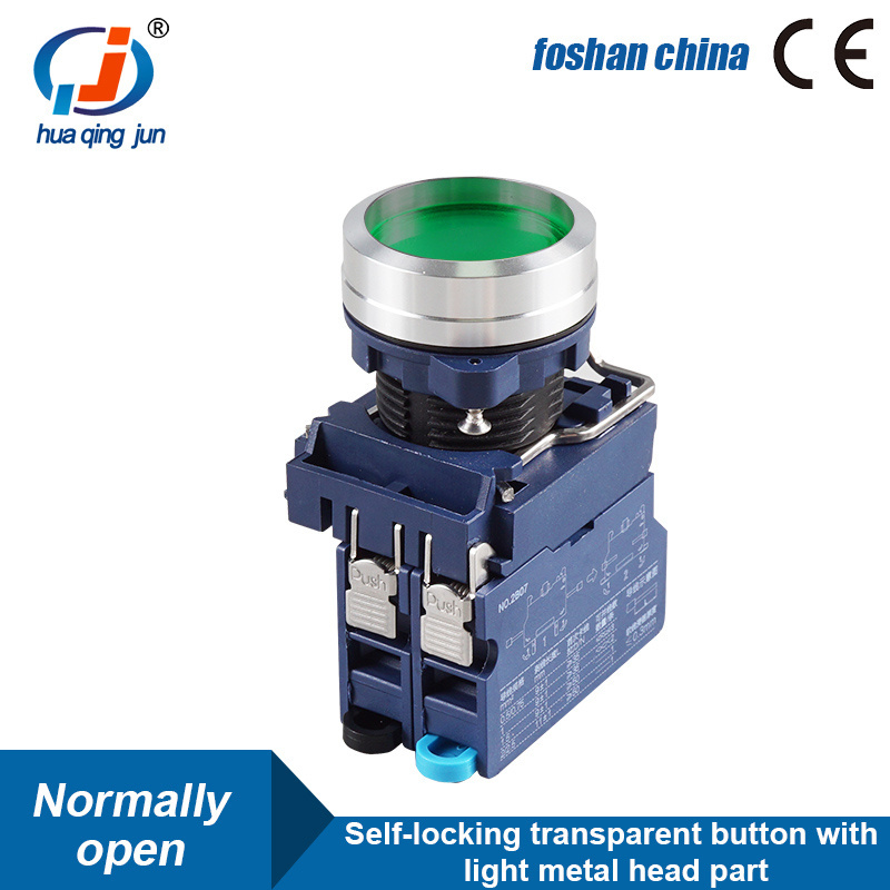 Huaqingjun Transparent Button Metal Head Green Led Self-locking NO Button Switch for PLC