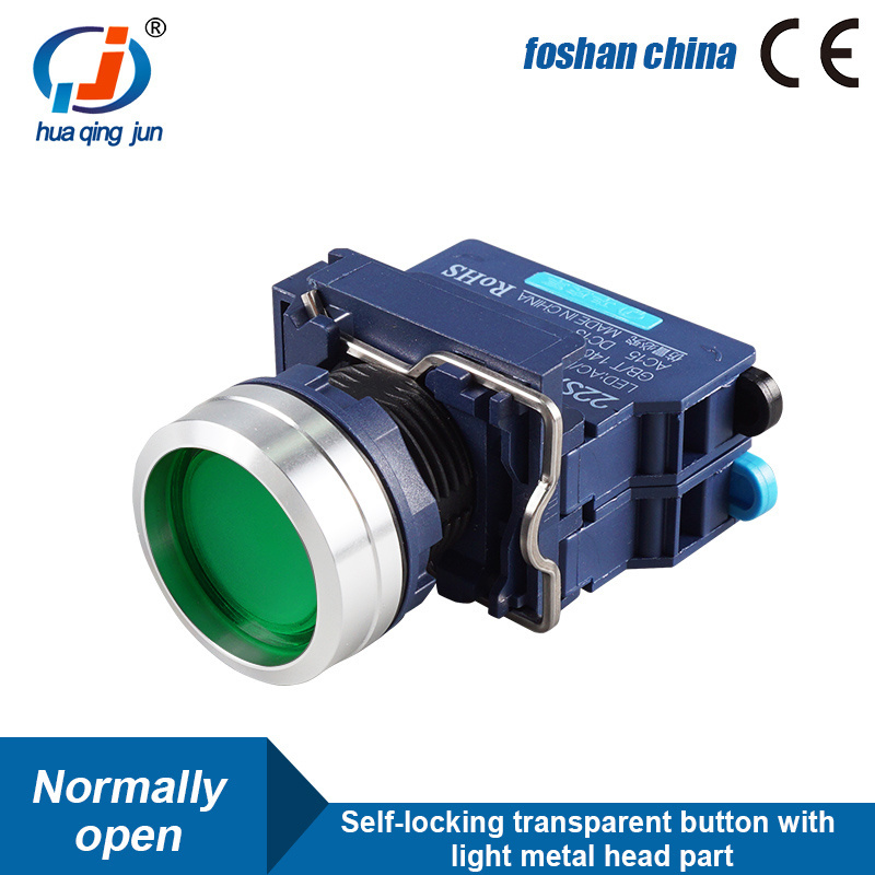 Huaqingjun Transparent Button Metal Head Green Led Self-locking NO Button Switch for PLC