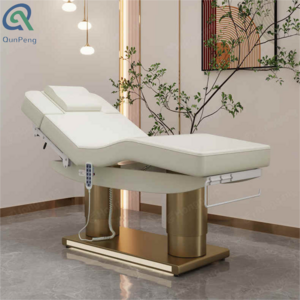 Qunpeng 2023 New  Hot Sale gold base spa bed cosmetic curved electric massage table with Led light medical lash extension bed