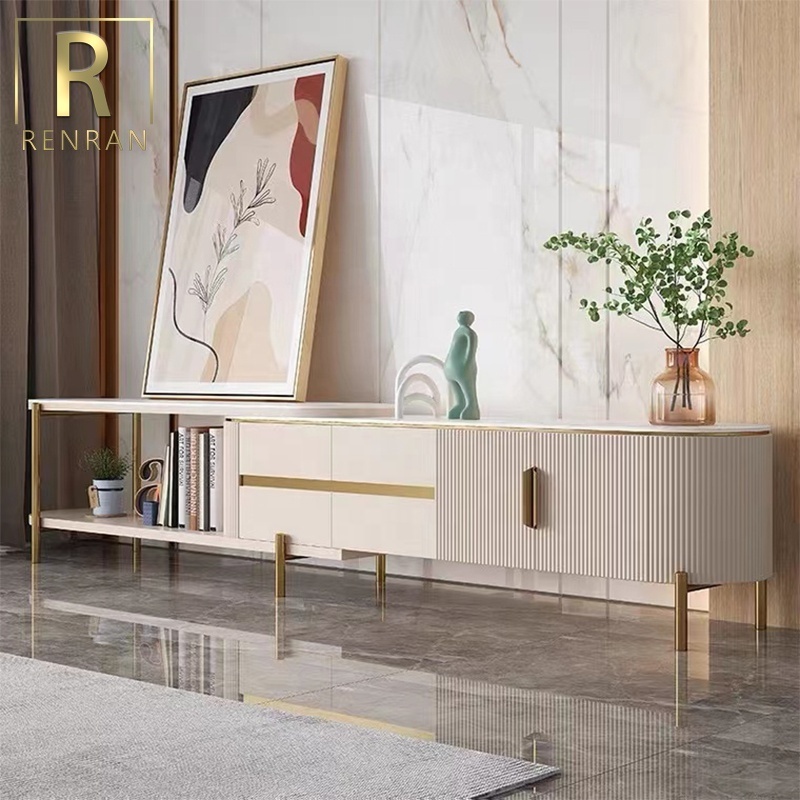 Modern design light luxury living room furniture marble stone top wooden tv stand and coffee table set