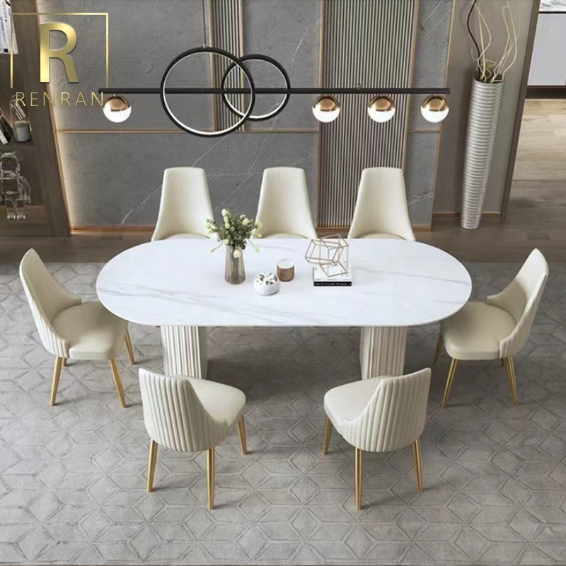 Nordic modern style home design light luxury tables leather stainless steel base with white marble top 6 seater dining table